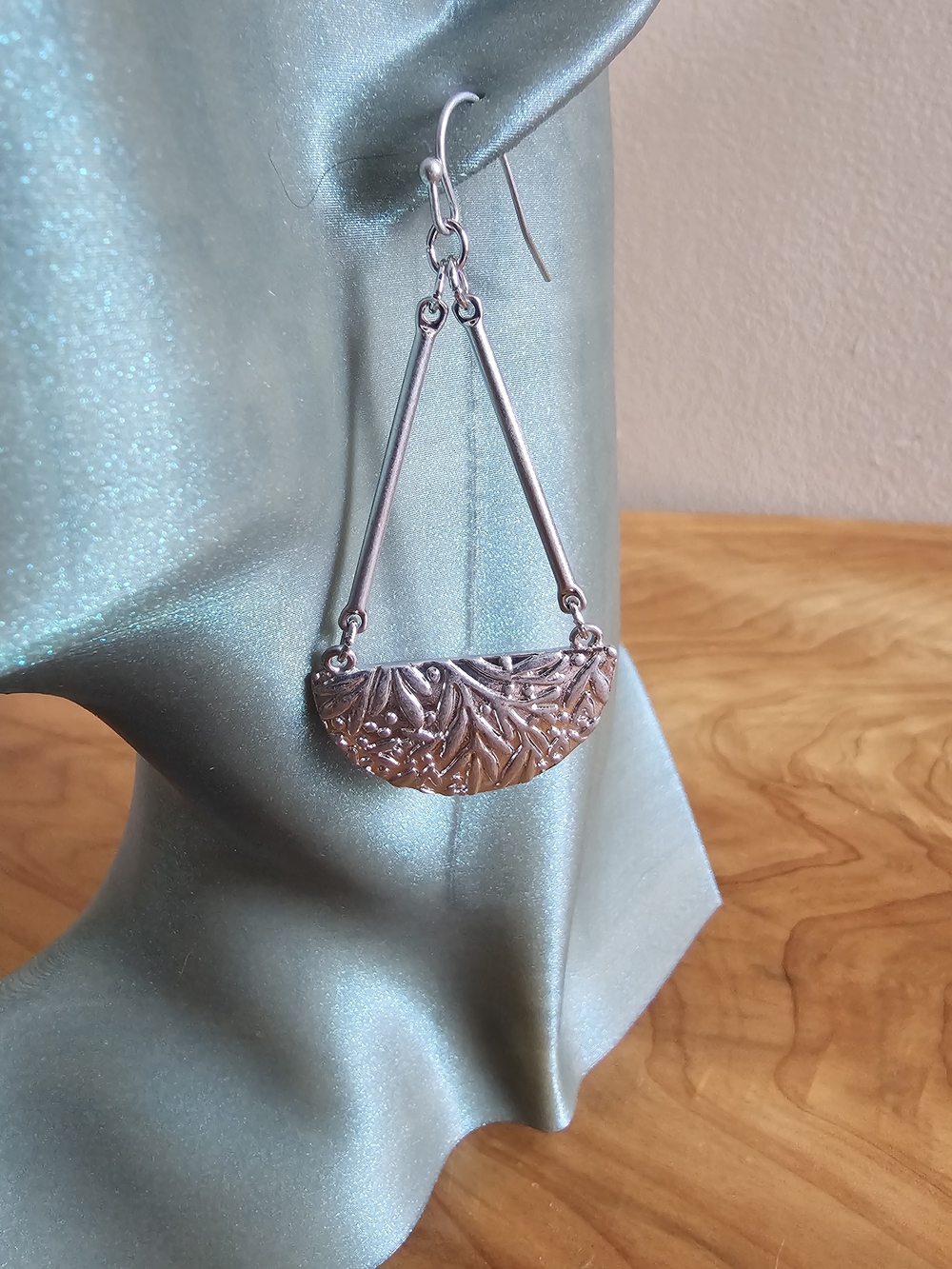 Silver Tone Floral Half-Moon Drop Earrings - Women Jewelry - Picture 3 of 6